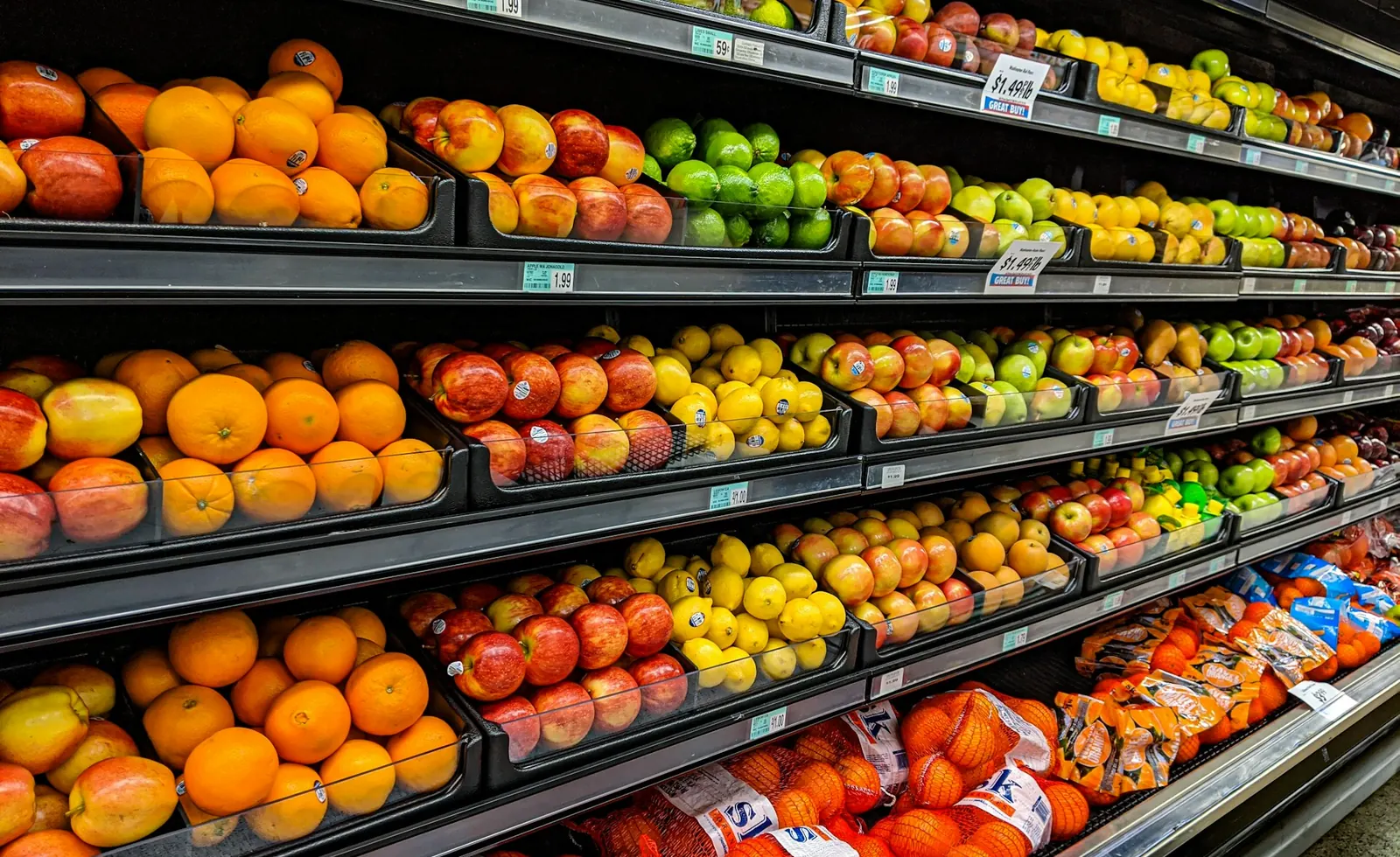 Fresh fruit and produce arranged in a Karsch's market display